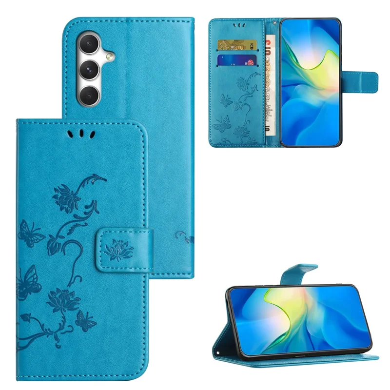 For Samsung Galaxy S26 Case Wallet Stand Imprinted Butterfly Flower PU Leather Phone Cover - Blue