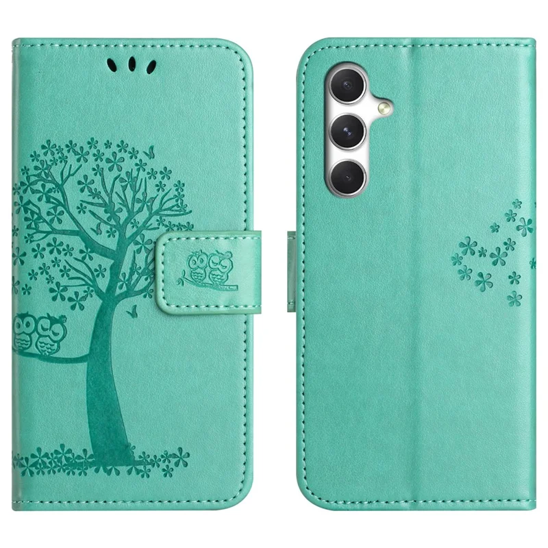 For Samsung Galaxy S26+ Case PU Leather Owl Tree Imprinted Wallet Phone Cover with Strap - Cyan