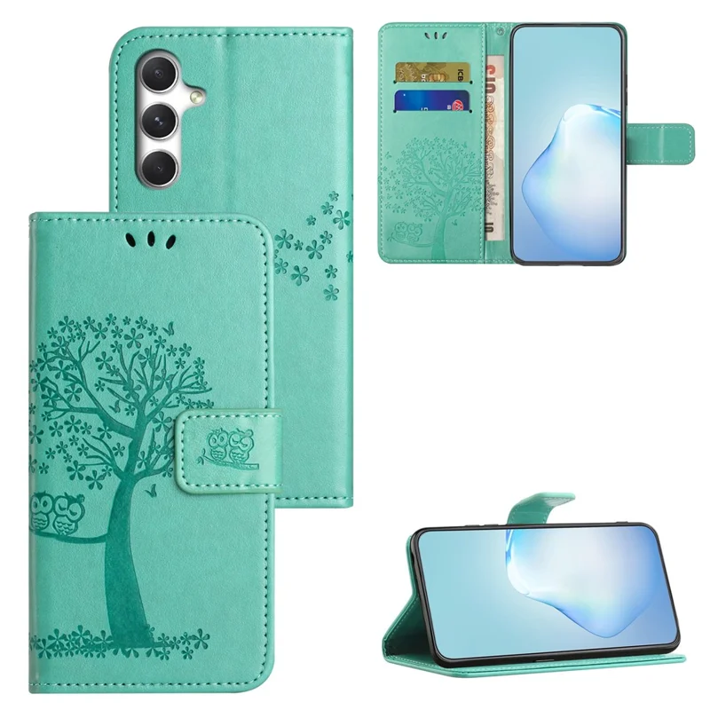 For Samsung Galaxy S26+ Case PU Leather Owl Tree Imprinted Wallet Phone Cover with Strap - Cyan