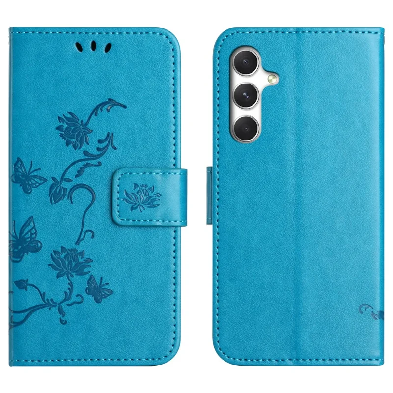 For Samsung Galaxy S26+ Case Wallet Stand Imprinted Butterfly Flower PU Leather Phone Cover - Blue