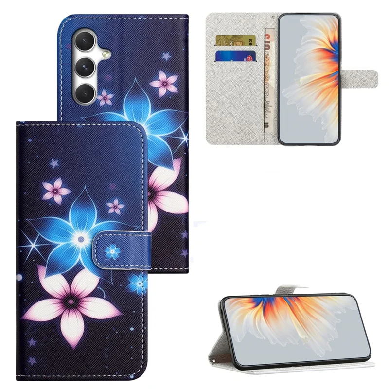 For Samsung Galaxy S26+ Case Pattern Print PU Leather Wallet Phone Cover Cross Texture - Blue Flower