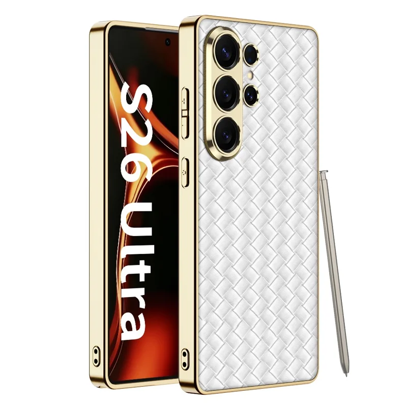 GKK For Samsung Galaxy S26 Ultra Cases Electroplating PU+TPU+PC Cell Phone Cover Woven Texture - White