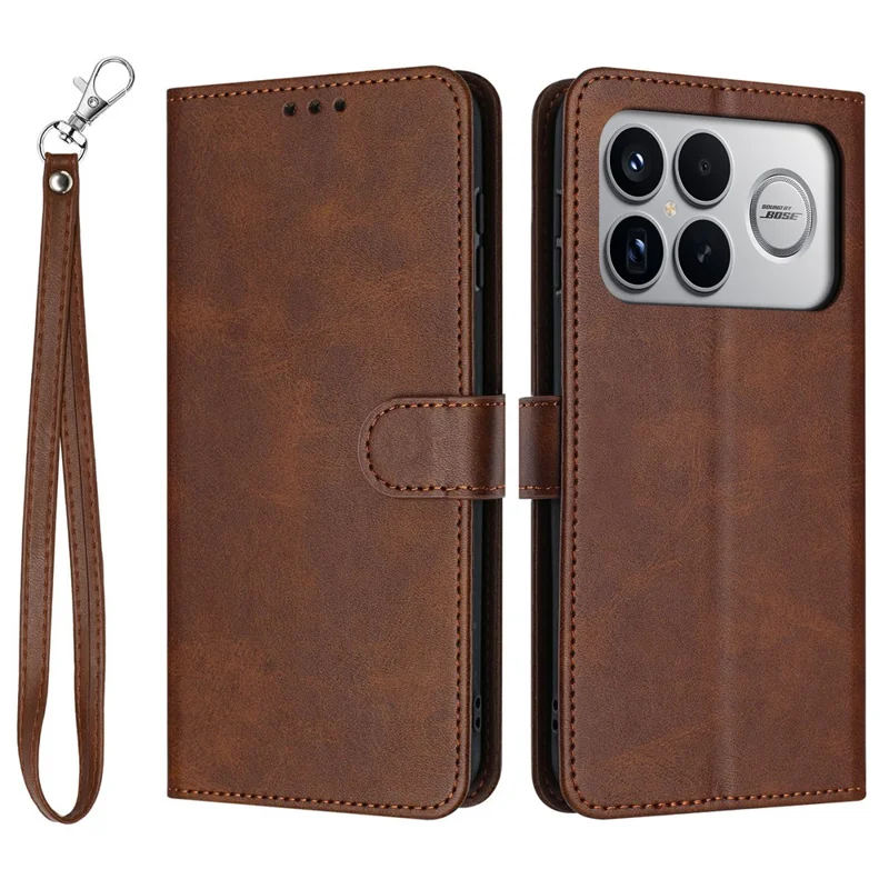 For Xiaomi Poco F8 Ultra Wallet Case Flip Stand Calf Texture PU Leather Phone Cover with Strap - Brown