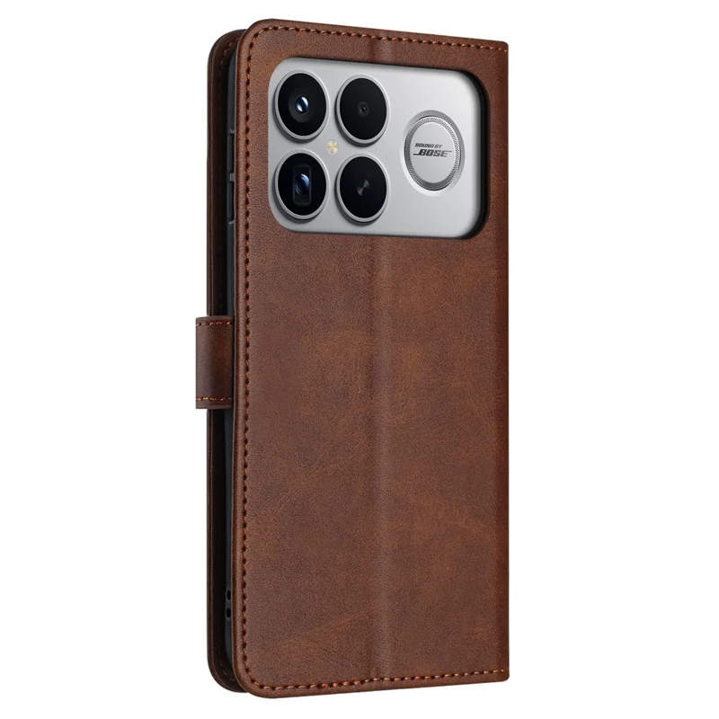 For Xiaomi Poco F8 Ultra Wallet Case Flip Stand Calf Texture PU Leather Phone Cover with Strap - Brown