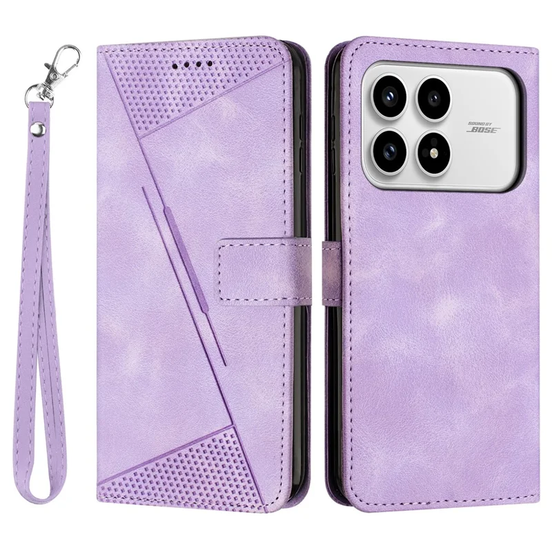 Leather Case For Xiaomi Poco F8 Pro Imprinted Triangle Phone Cover with Hand Strap - Purple