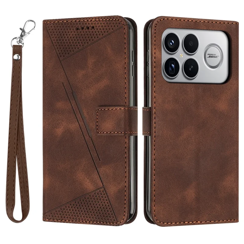 Leather Case For Xiaomi Poco F8 Ultra / Redmi K90 Pro Max 5G Imprinted Triangle Phone Cover with Hand Strap - Brown