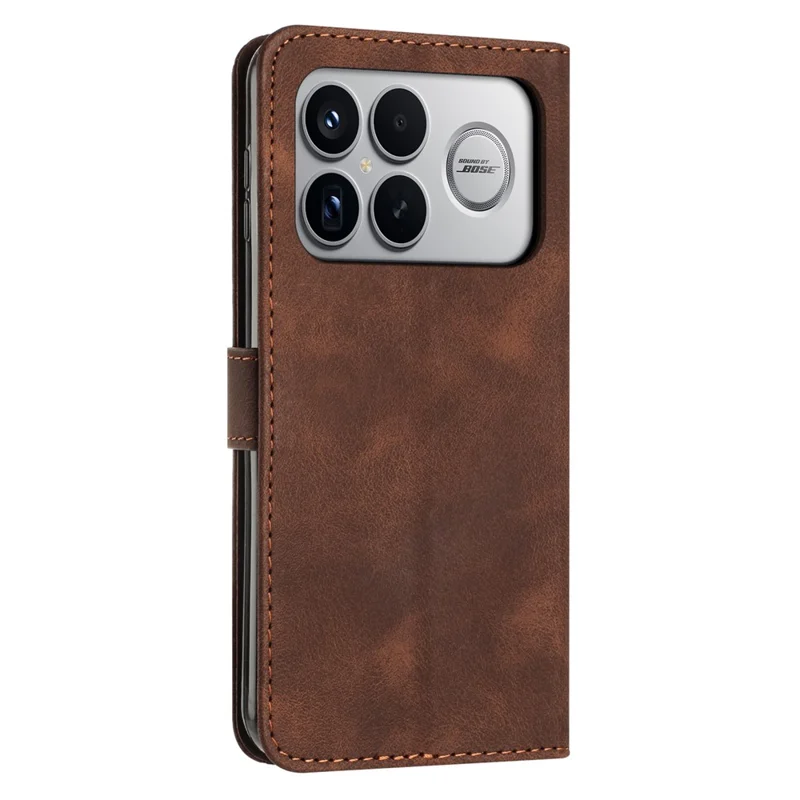Leather Case For Xiaomi Poco F8 Ultra / Redmi K90 Pro Max 5G Imprinted Triangle Phone Cover with Hand Strap - Brown