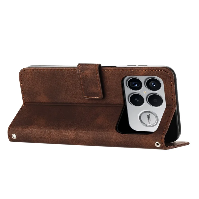 Leather Case For Xiaomi Poco F8 Ultra / Redmi K90 Pro Max 5G Imprinted Triangle Phone Cover with Hand Strap - Brown