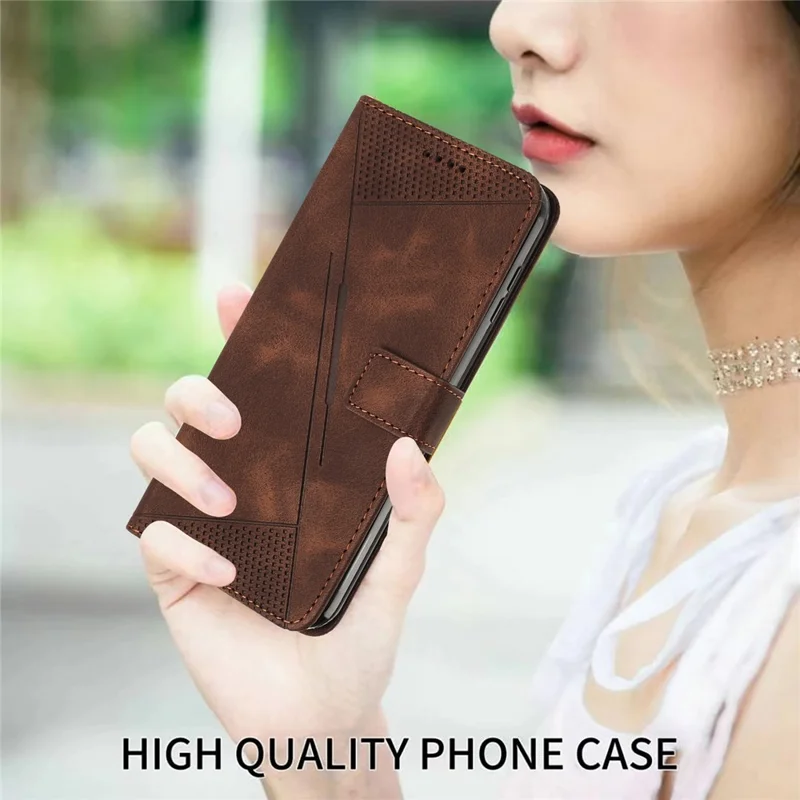 Leather Case For Xiaomi Poco F8 Ultra / Redmi K90 Pro Max 5G Imprinted Triangle Phone Cover with Hand Strap - Brown