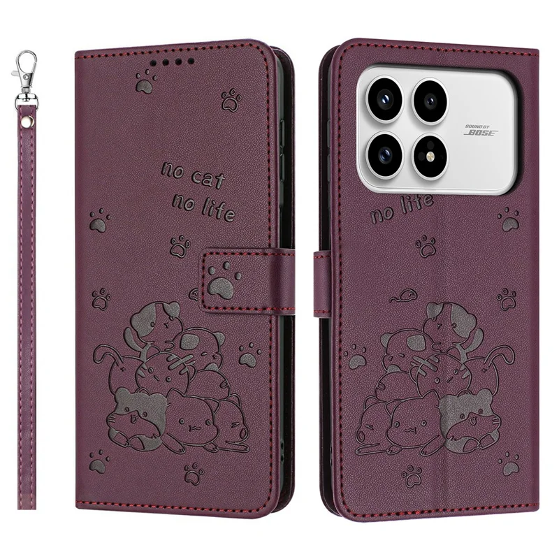 Wallet Case For Xiaomi Poco F8 Pro  /  Redmi K90 5G Cats Imprint Leather Phone Cover with Strap - Wine Red