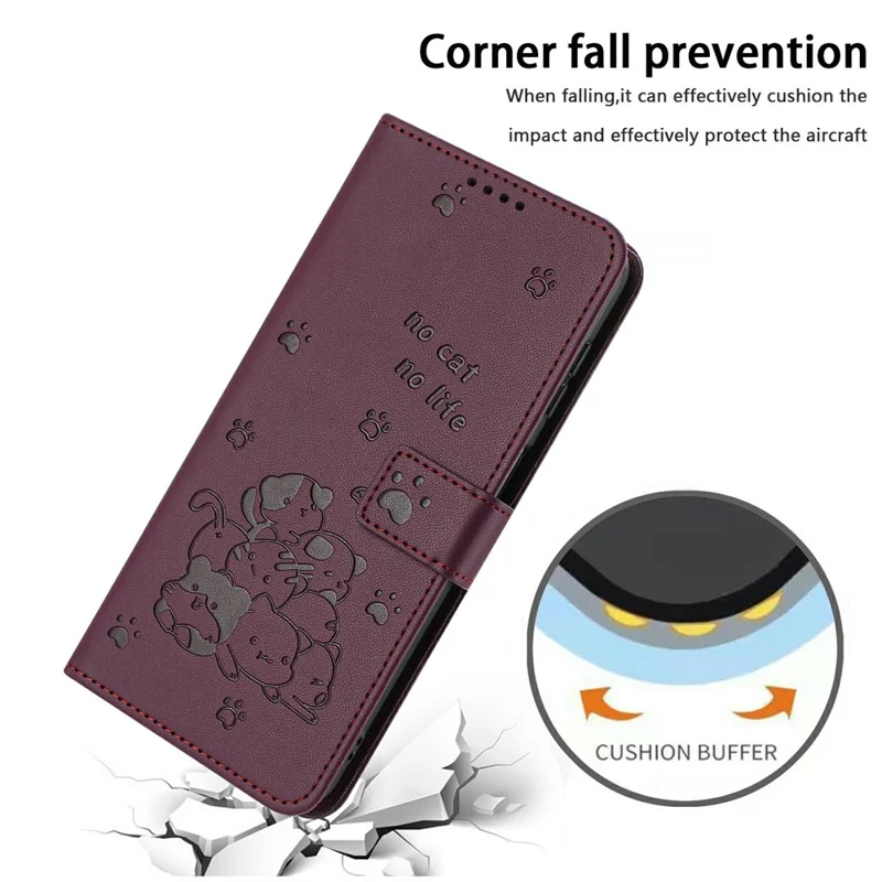 Wallet Case For Xiaomi Poco F8 Pro  /  Redmi K90 5G Cats Imprint Leather Phone Cover with Strap - Wine Red