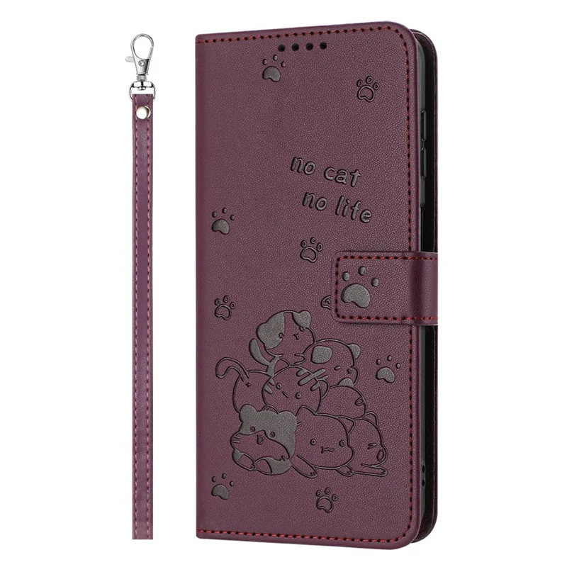 Wallet Case For Xiaomi Poco F8 Pro  /  Redmi K90 5G Cats Imprint Leather Phone Cover with Strap - Wine Red
