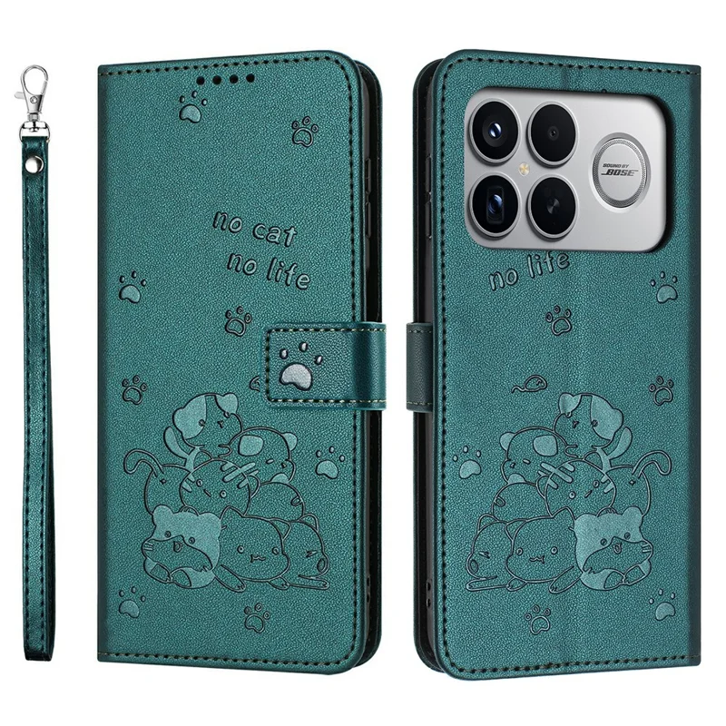 For Xiaomi Poco F8 Ultra / Redmi K90 Pro Max 5G Wallet Case Cats Imprint Leather Phone Cover with Strap - Blackish Green