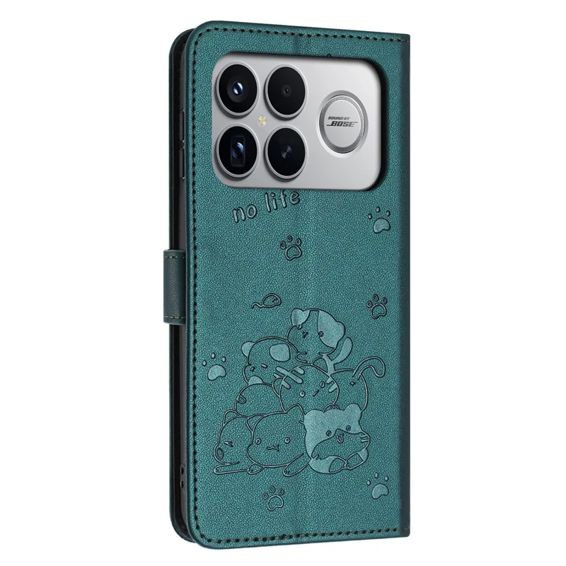 For Xiaomi Poco F8 Ultra / Redmi K90 Pro Max 5G Wallet Case Cats Imprint Leather Phone Cover with Strap - Blackish Green