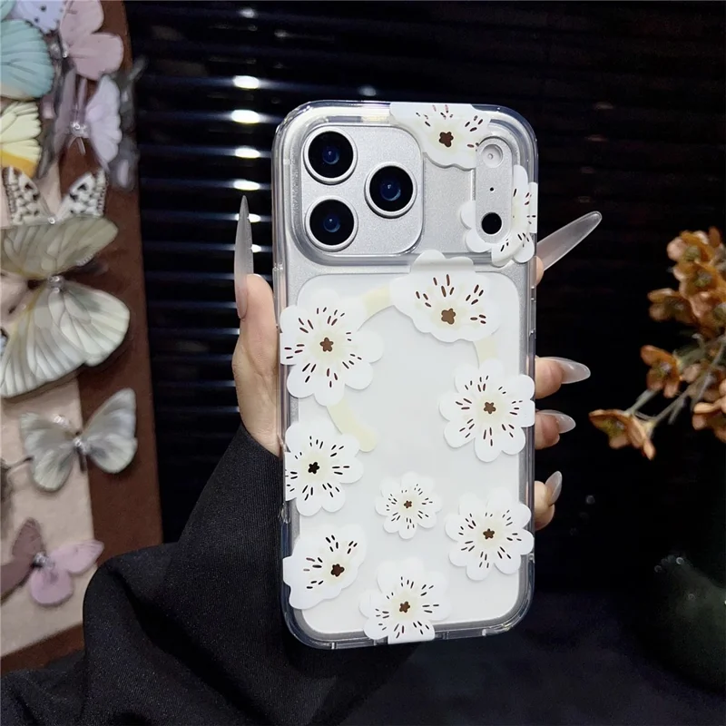 For iPhone 17 Pro Max Magnetic Case Winter Sakura Pattern TPU PC Protective Phone Cover - White Flower / White