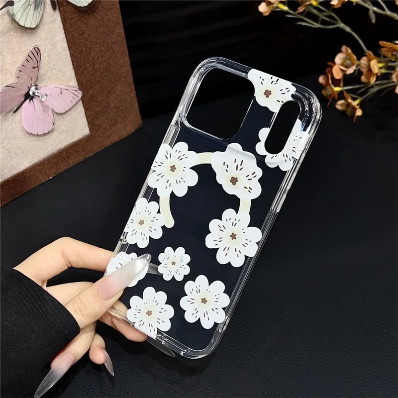 For iPhone 17 Pro Max Magnetic Case Winter Sakura Pattern TPU PC Protective Phone Cover - White Flower / White
