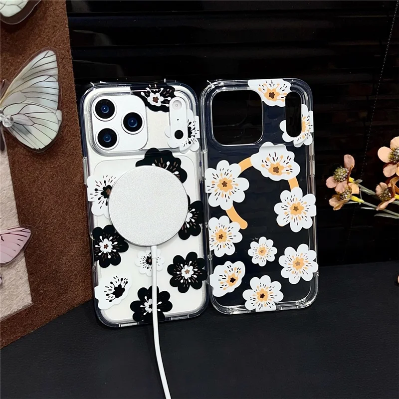 For iPhone 17 Pro Max Magnetic Case Winter Sakura Pattern TPU PC Protective Phone Cover - White Flower / White