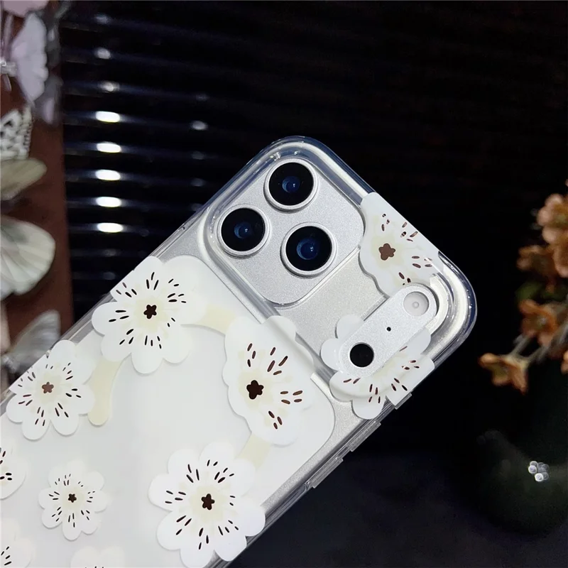 For iPhone 17 Pro Max Magnetic Case Winter Sakura Pattern TPU PC Protective Phone Cover - White Flower / White