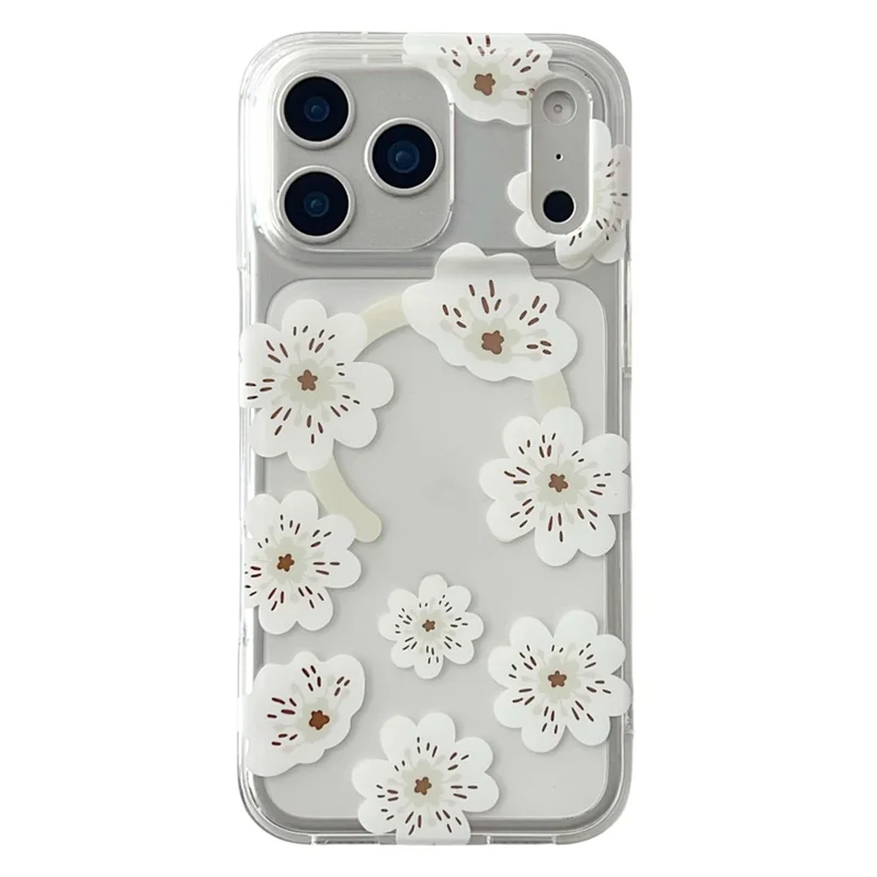 For iPhone 17 Pro Magnetic Case Winter Sakura Pattern TPU PC Protective Phone Cover - White Flower / White