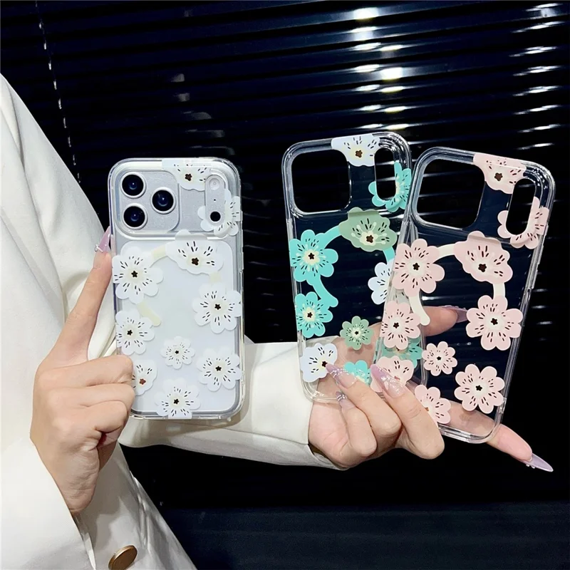 For iPhone 17 Pro Magnetic Case Winter Sakura Pattern TPU PC Protective Phone Cover - White Flower / White