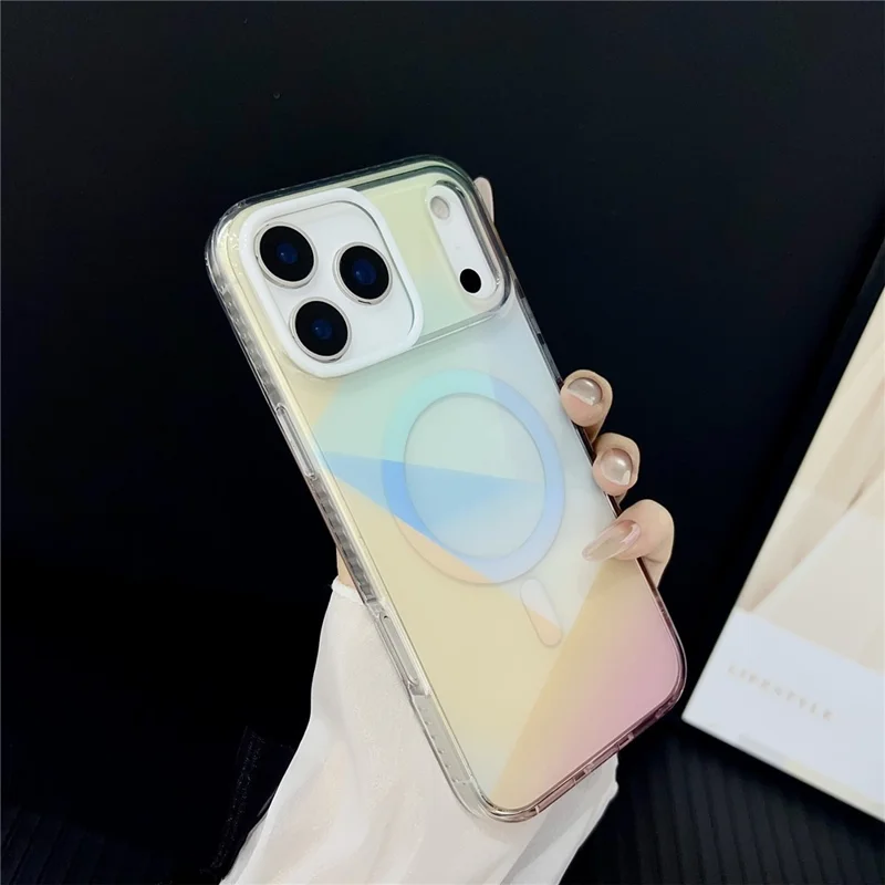 For iPhone 17 Pro Magnetic Case Drop-Resistant TPU PC Phone Cover IMD 4-Color Geometric Gradient Design - Style B