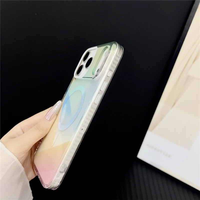 For iPhone 17 Pro Magnetic Case Drop-Resistant TPU PC Phone Cover IMD 4-Color Geometric Gradient Design - Style B