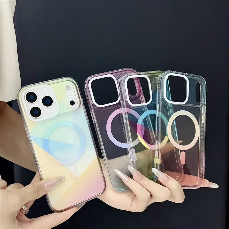 For iPhone 17 Pro Magnetic Case Drop-Resistant TPU PC Phone Cover IMD 4-Color Geometric Gradient Design - Style B
