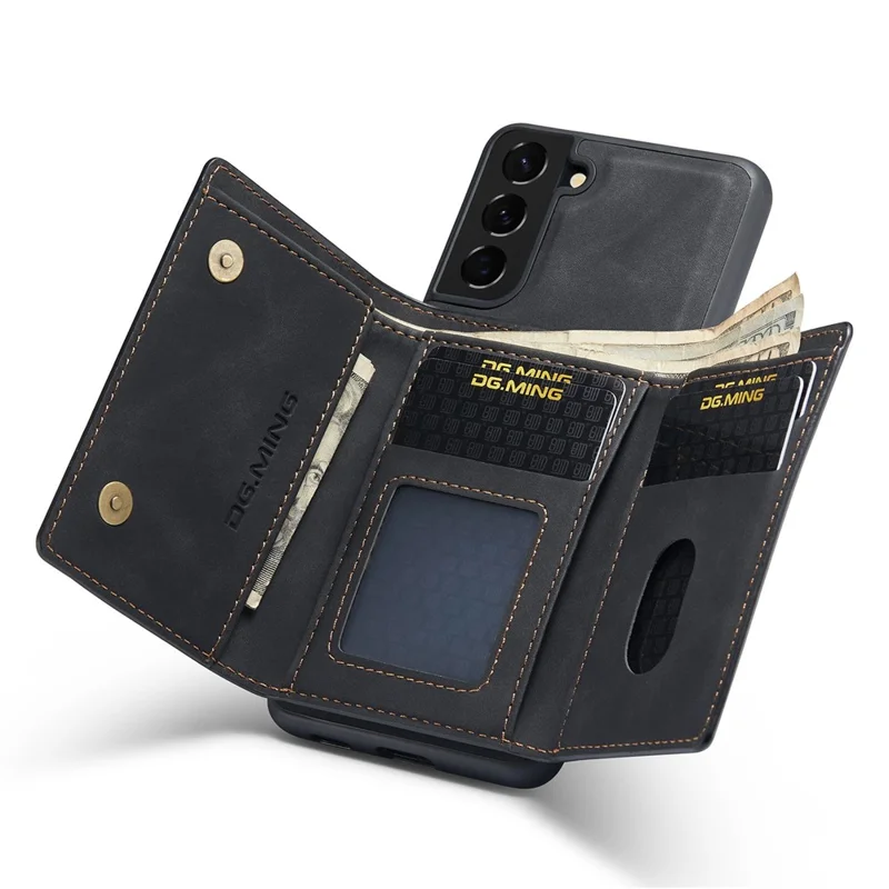 DG.MING M1 Series Shockproof Case for Samsung Galaxy S23 Detachable Magnetic Absorption Wallet + PU Leather Coated Phone Case with Kickstand - Black
