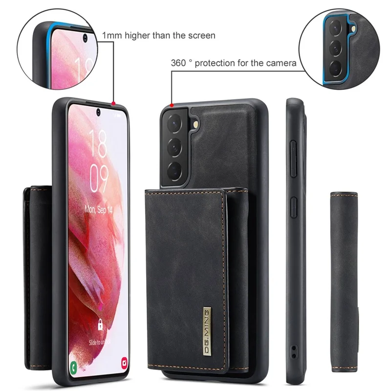 DG.MING M1 Series Shockproof Case for Samsung Galaxy S23 Detachable Magnetic Absorption Wallet + PU Leather Coated Phone Case with Kickstand - Black