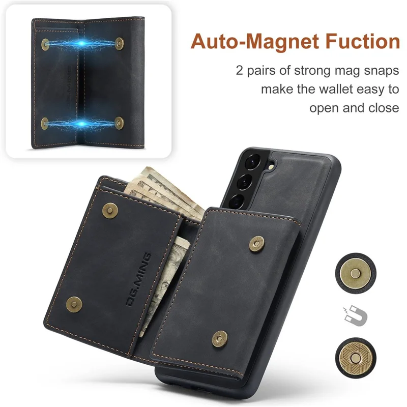 DG.MING M1 Series Shockproof Case for Samsung Galaxy S23 Detachable Magnetic Absorption Wallet + PU Leather Coated Phone Case with Kickstand - Black