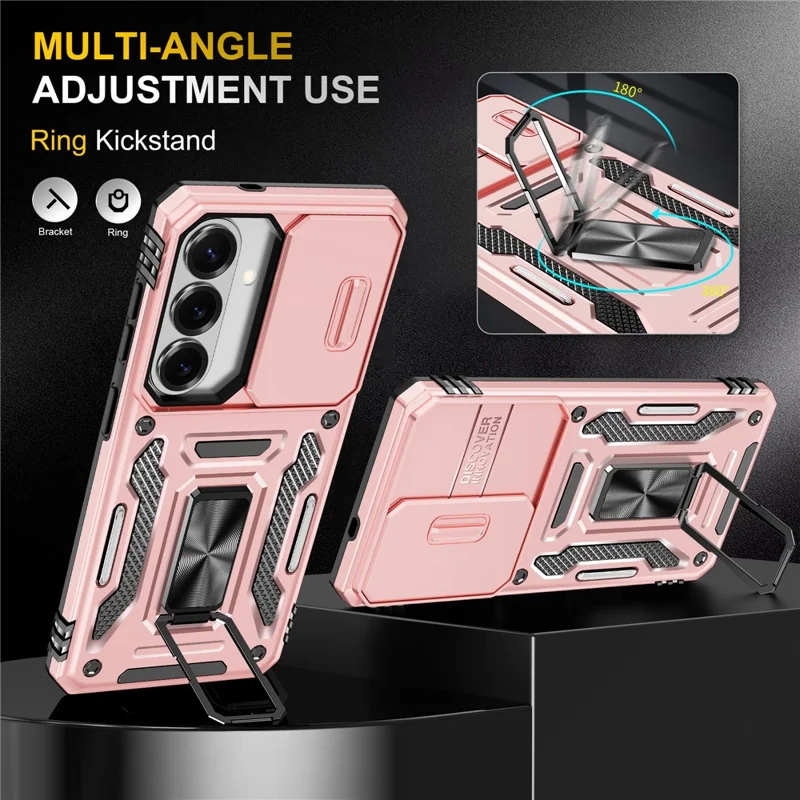 For Samsung Galaxy S26+ Case Kickstand Slide Lens Lid PC + TPU Drop-Proof Phone Cover - Rose Gold