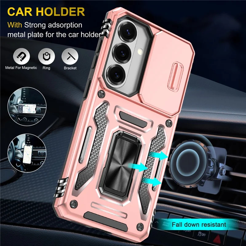 For Samsung Galaxy S26+ Case Kickstand Slide Lens Lid PC + TPU Drop-Proof Phone Cover - Rose Gold