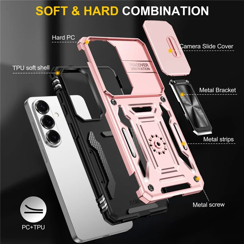 For Samsung Galaxy S26+ Case Kickstand Slide Lens Lid PC + TPU Drop-Proof Phone Cover - Rose Gold