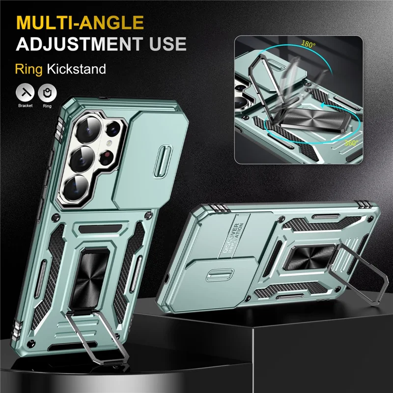 For Samsung Galaxy S26 Ultra Case Kickstand Slide Lens Lid PC + TPU Drop-Proof Phone Cover - Green