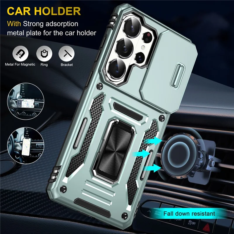 For Samsung Galaxy S26 Ultra Case Kickstand Slide Lens Lid PC + TPU Drop-Proof Phone Cover - Green