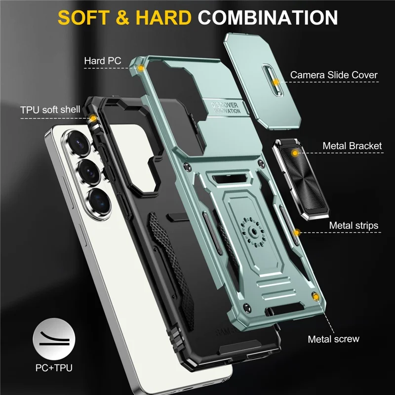 For Samsung Galaxy S26 Ultra Case Kickstand Slide Lens Lid PC + TPU Drop-Proof Phone Cover - Green