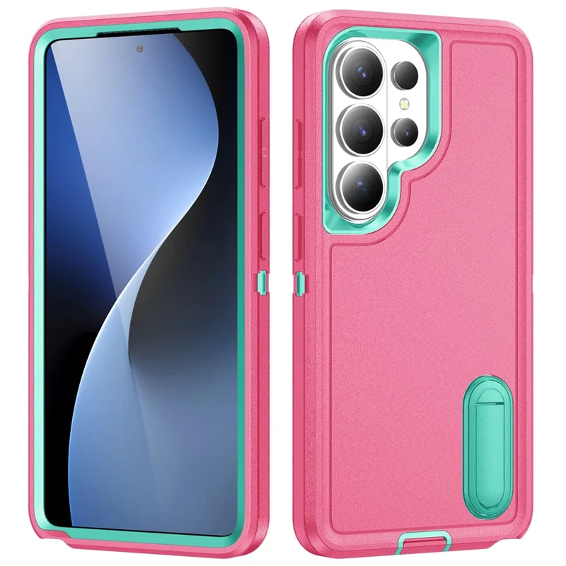 For Samsung Galaxy S26 Ultra Case PC + Silicone + EVA Anti-Drop Kickstand Phone Cover - Rose  /  Cyan