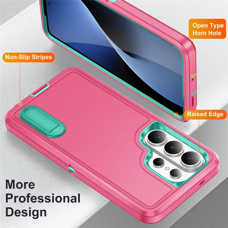 For Samsung Galaxy S26 Ultra Case PC + Silicone + EVA Anti-Drop Kickstand Phone Cover - Rose  /  Cyan