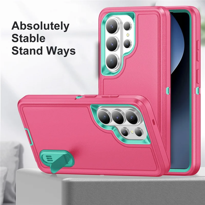 For Samsung Galaxy S26 Ultra Case PC + Silicone + EVA Anti-Drop Kickstand Phone Cover - Rose  /  Cyan
