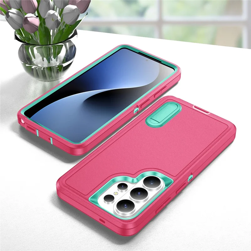 For Samsung Galaxy S26 Ultra Case PC + Silicone + EVA Anti-Drop Kickstand Phone Cover - Rose  /  Cyan