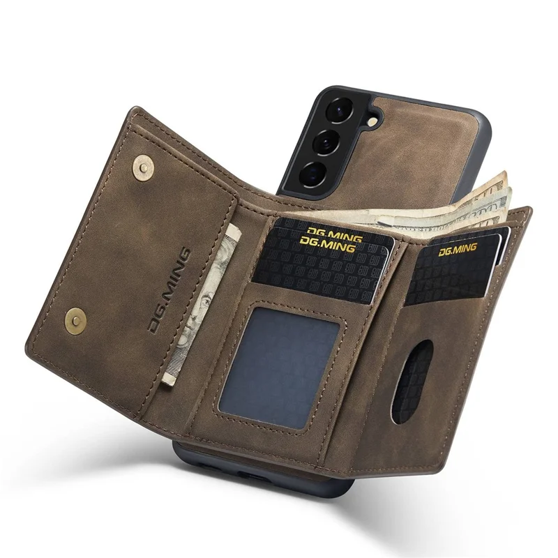 DG.MING M1 Series For Samsung Galaxy S23+ Detachable Wallet Phone Case PU Leather Coated Protective Shell with Kickstand - Coffee