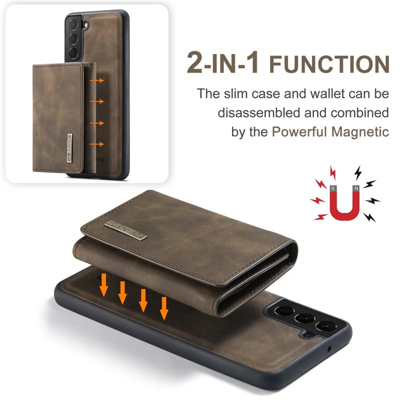 DG.MING M1 Series For Samsung Galaxy S23+ Detachable Wallet Phone Case PU Leather Coated Protective Shell with Kickstand - Coffee