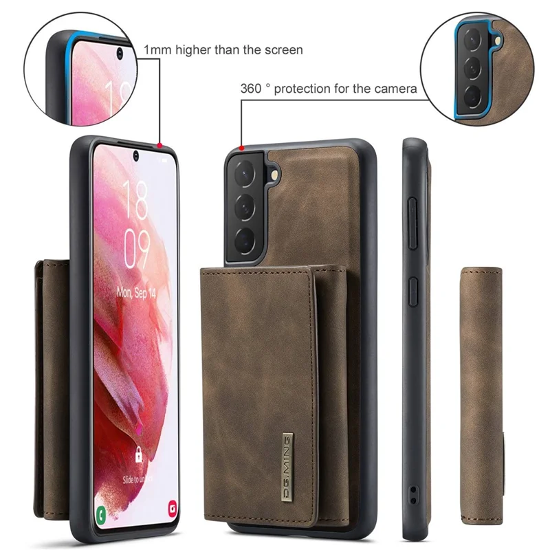 DG.MING M1 Series For Samsung Galaxy S23+ Detachable Wallet Phone Case PU Leather Coated Protective Shell with Kickstand - Coffee