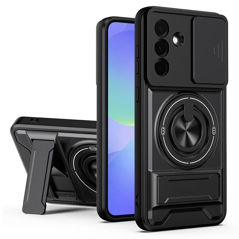 For Samsung Galaxy A36 5G Magnetic Case Ring Holder Foldable Kickstand TPU PC Phone Cover with Camera Lens Slider - Black