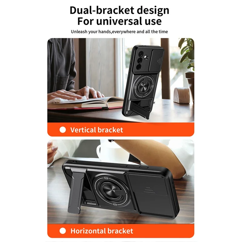 For Samsung Galaxy A36 5G Magnetic Case Ring Holder Foldable Kickstand TPU PC Phone Cover with Camera Lens Slider - Black