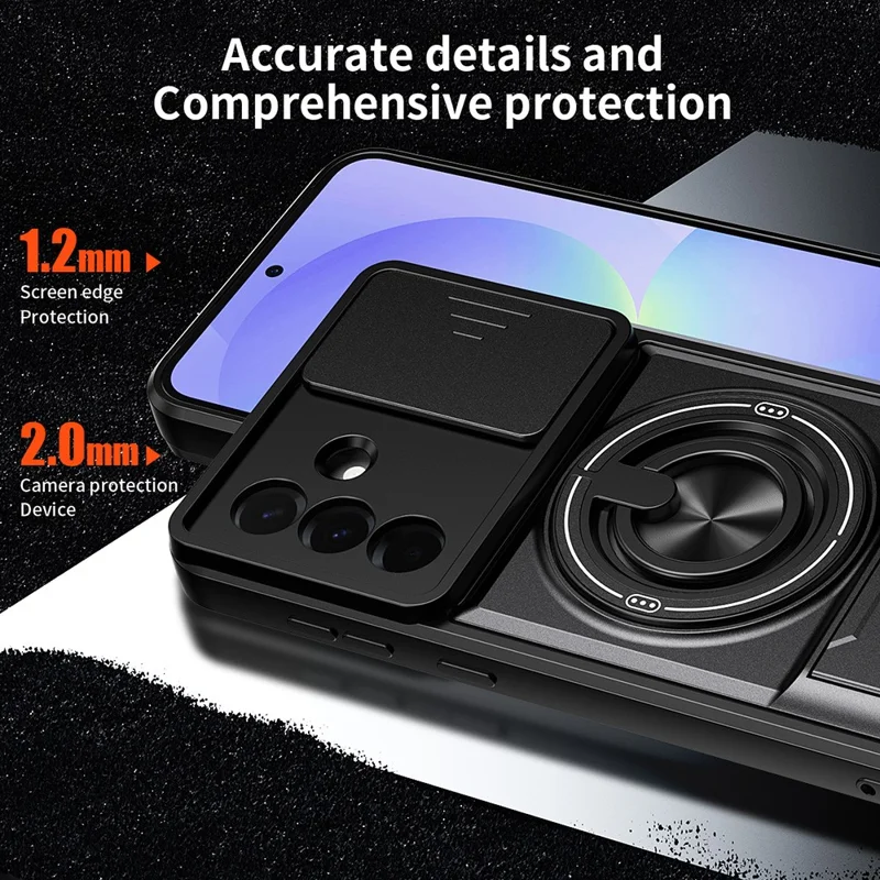 For Samsung Galaxy A36 5G Magnetic Case Ring Holder Foldable Kickstand TPU PC Phone Cover with Camera Lens Slider - Black