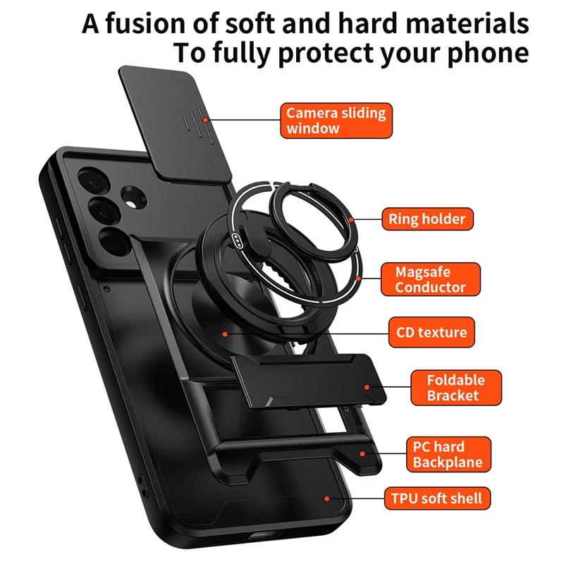 For Samsung Galaxy A36 5G Magnetic Case Ring Holder Foldable Kickstand TPU PC Phone Cover with Camera Lens Slider - Black
