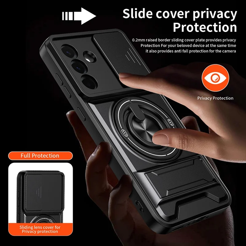 For Samsung Galaxy A36 5G Magnetic Case Ring Holder Foldable Kickstand TPU PC Phone Cover with Camera Lens Slider - Black
