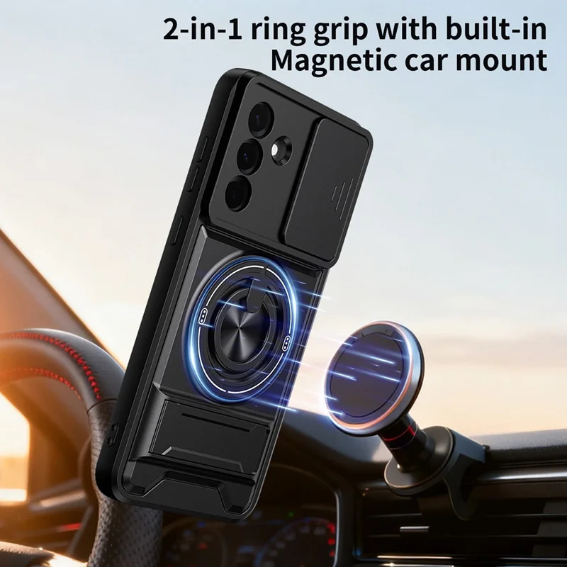 For Samsung Galaxy A36 5G Magnetic Case Ring Holder Foldable Kickstand TPU PC Phone Cover with Camera Lens Slider - Black