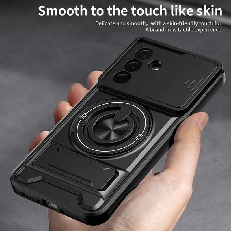 For Samsung Galaxy A36 5G Magnetic Case Ring Holder Foldable Kickstand TPU PC Phone Cover with Camera Lens Slider - Black